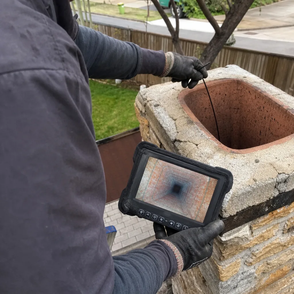 Professional chimney sweep performing a technical camera inspection of a chimney flue