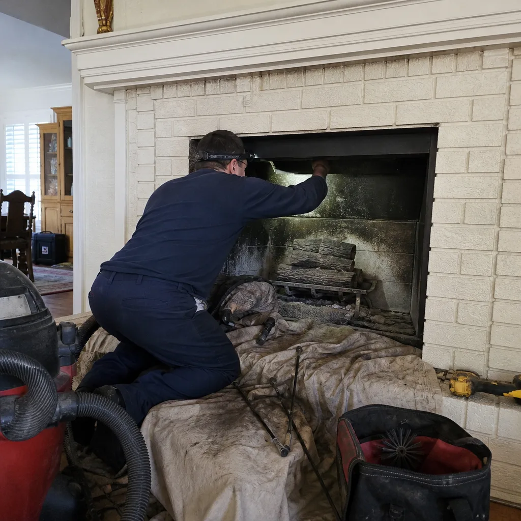 Chimney sweep performing a professional fireplace inspection service