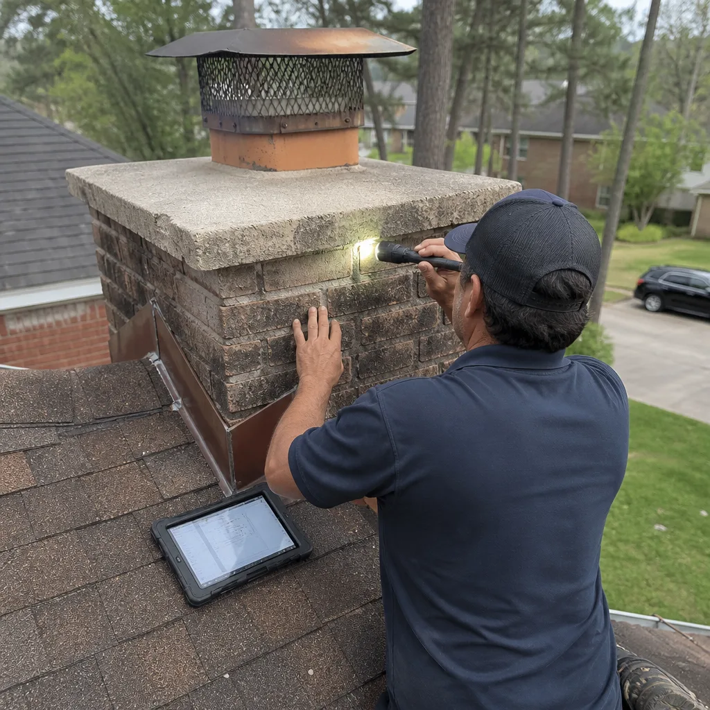Professional inspector performing a detailed chimney masonry inspection on a roof.