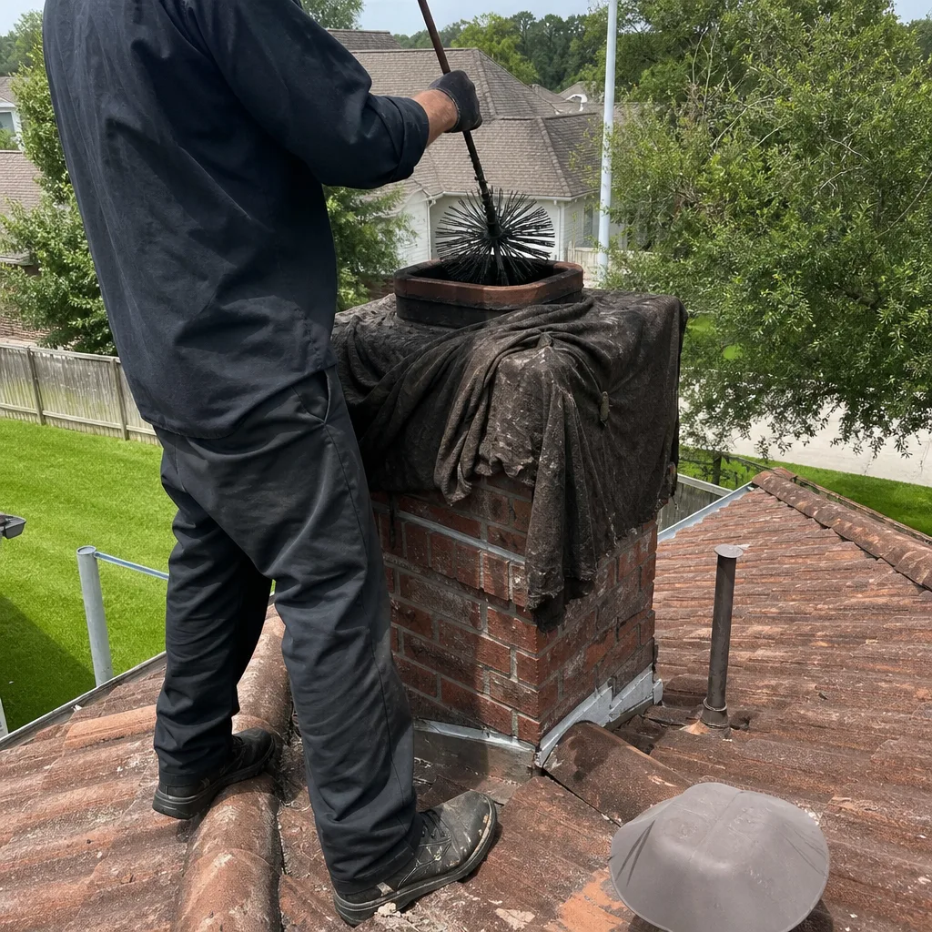 Professional chimney sweep cleaning a brick chimney on a roof
