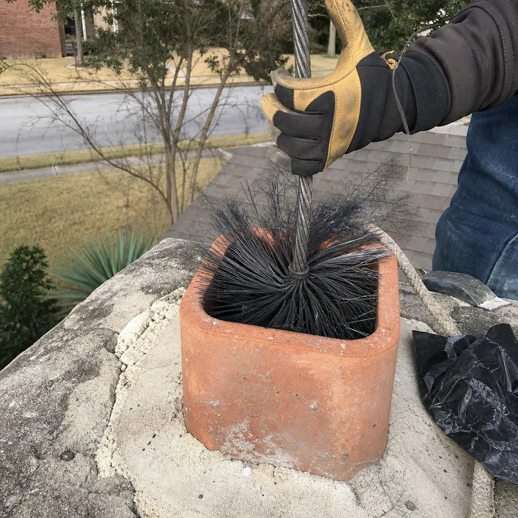 Professional chimney sweep cleaning a brick fireplace flue with a brush